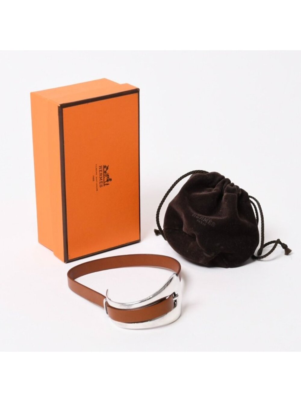 Hermes Belt Motif Leather Bracelet Brown 925 Sterling Silver